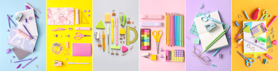 Set of many school supplies on color background, top view