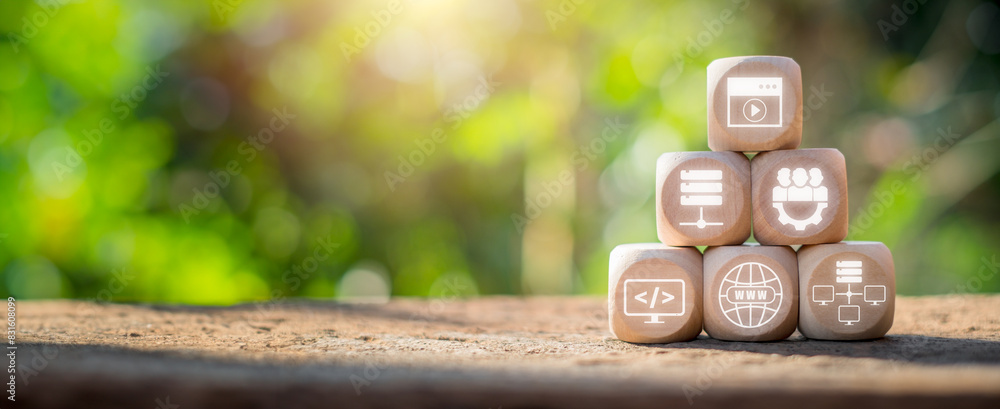 Poster cms, content management system concept, wooden block on desk with content, data, administrator, code