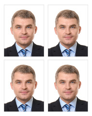 Photos of man for passport on white background