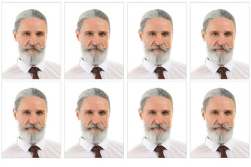 Photos of elderly man for passport on white background