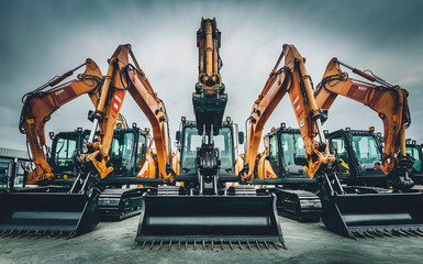 Row of heavy-duty excavators with large buckets lined up in construction yard. Machines are orange and black, cloudy sky in background.