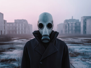 A person wearing a gas mask stands in an abandoned, foggy urban area with dilapidated buildings in the background.