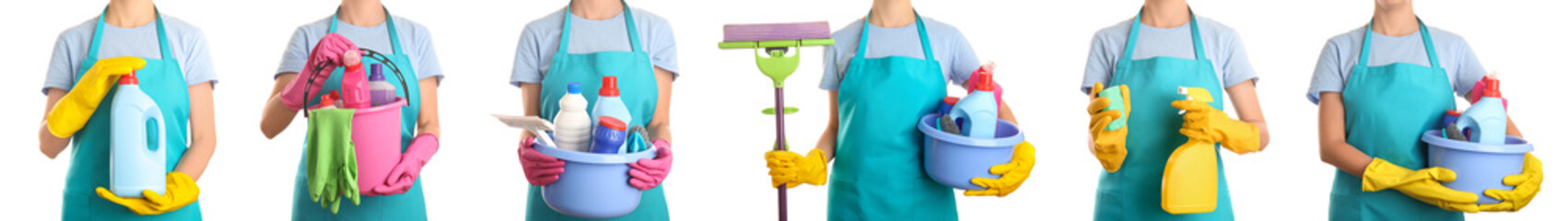 Collage of janitor holding cleaning supplies on white background