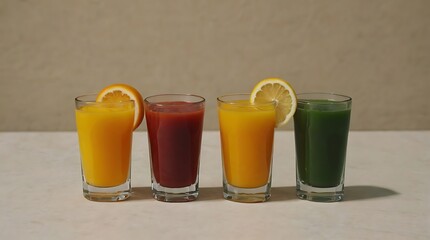 There are four glasses of juice and four citrus fruits on a wooden table. The glasses contain blue,...