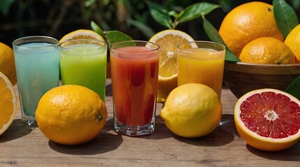 There are four glasses of juice and four citrus fruits on a wooden table. The glasses contain blue,...