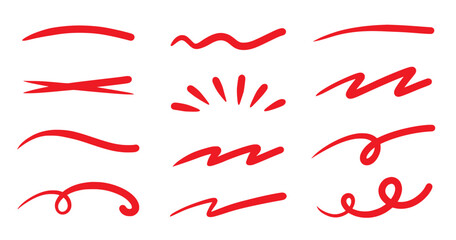 Red squiggle brush scribble underline. Marker pen emphasis highlight red swoosh stroke. Vector swoosh brush underline set for accent, marker emphasis squiggle element. Vector illustration