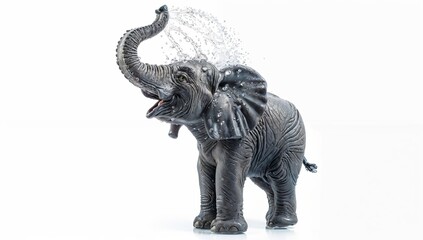 Plush elephant spraying simulated water from its trunk, isolated on white