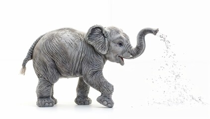 Plush elephant spraying simulated water from its trunk, isolated on white