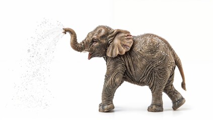 Fototapeta premium Plush elephant spraying simulated water from its trunk, isolated on white