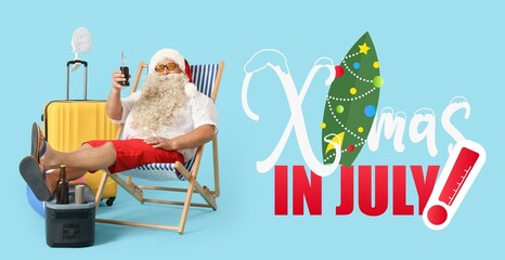 Banner with relaxing Santa Claus and text CHRISTMAS IN JULY on light blue background