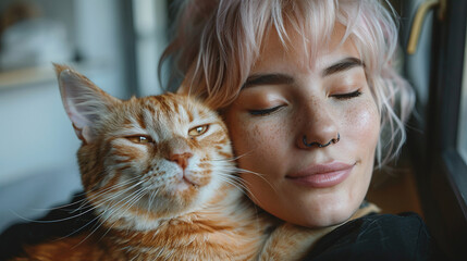 young gen-z beautiful caucasian woman with dyed light pink hair  hugging her adopted orange cat