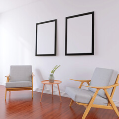 Wall Poster Frame Mockup with Modern Decor ina Living Room. 3D Render