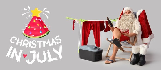 Banner with relaxing Santa Claus and text CHRISTMAS IN JULY on light background