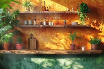 Rustic bar setup with vintage bottles and plants, warm lighting, wooden shelves, and cozy atmosphere in a charming setting