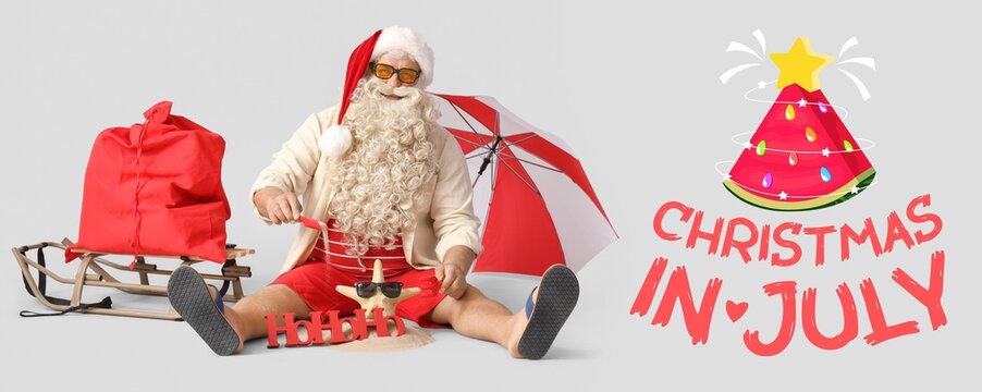 Banner with relaxing Santa Claus and text CHRISTMAS IN JULY on light background