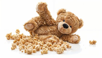 Animated sloth plushie slowly moving its limbs, simulated leaves, isolated on white