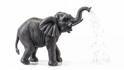Plush elephant spraying simulated water from its trunk, isolated on white