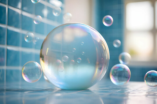 Soap bubbles bokeh blue bathroom background