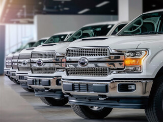 Row of white pickup trucks with chrome grilles parked indoors in well-lit showroom.