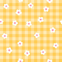 Cute fashion seamless pattern in style of picnic. Scottish tartan Vichy plaid with ditsy flowers, print for fabric, wrapping paper, package, banner, card. Classic textile print vector background.