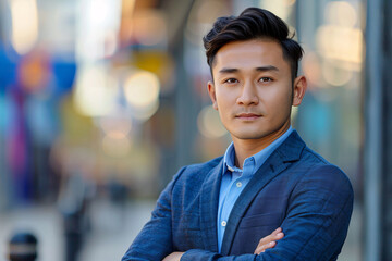 Obraz premium Professional Young Asian Businessman in Blue Blazer Posing on City Street