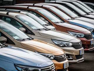 Row of colorful cars parked in lot, showcasing various models and colors. Neatly aligned, shiny exteriors, modern designs.