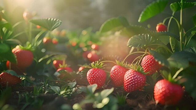 Fresh Strawberries Growing in Sunlit Garden with Ai generated.
