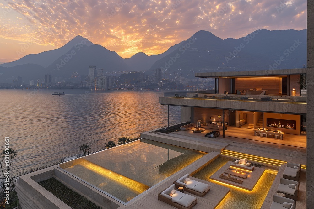 Poster luxurious modern villa with infinity pool and mountain view at sunset, creating a serene and relaxin
