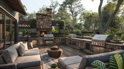  An exterior kitchen wide area, cabinets, and large greanry area  