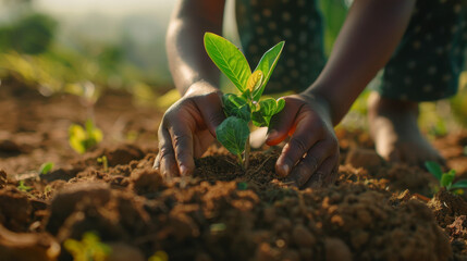 Close up of hands holding soil with a young plant in a garden. African American people and kids planting a tree together for environment protection