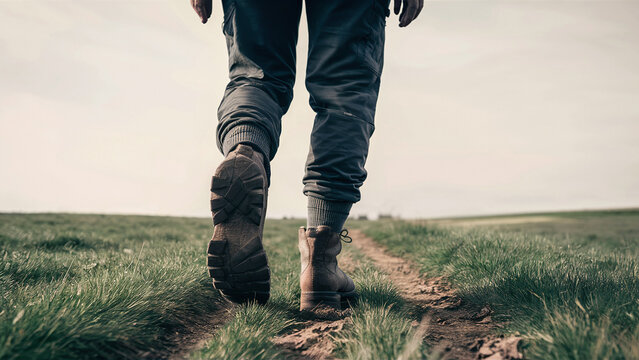 A Person Walking On A Dirt Path Through A Grassy Field, Focusing On Their Hiking Boots And Pants From Behind.