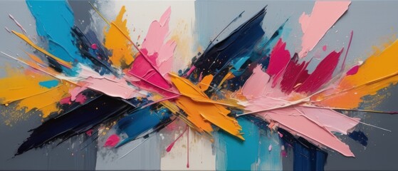 Fototapeta premium Abstract art with bold, textured colors vibrant pinks, yellows, oranges, blues, and dark tones.