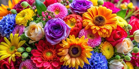 Close-up of a vibrant bouquet of assorted flowers in full bloom