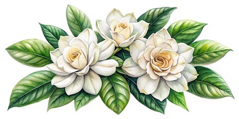 Watercolor of beautiful gardenia flowers in a clip art format