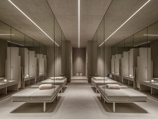 Modern, minimalist spa room with multiple massage tables, mirrors, and soft lighting, exuding clean, serene ambiance.