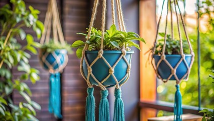 Hanging plant hanger with macrame rope, blue planter background