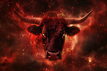A bull with horns is shown in a red background