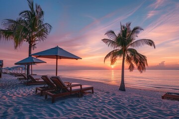 Beach with chairs, umbrellas, and palm trees offers a beautiful sunset view