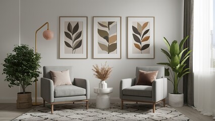 Render of a living room interior featuring an armchair and decorative accessories against a white wall.