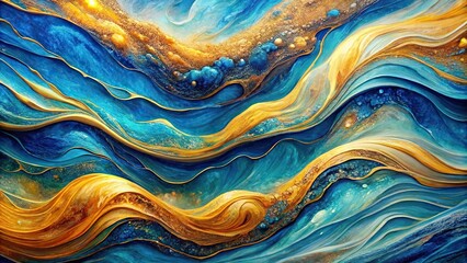 Vibrant layered waves of blue and golden hues in abstract fluid art