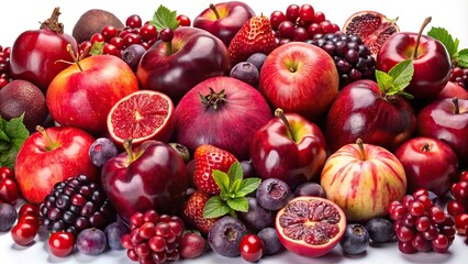 Collection of red purple maroon fruits in a pile apple, cherry, cranberry, fig, plum, pomegranate on background cutout