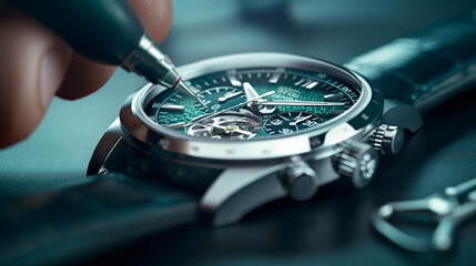 A skilled artisan delicately works on assembling intricate components of a watch on a wooden table