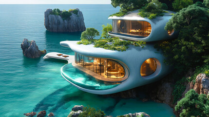 A unique shape and modern white cabins on a rocky island surrounded by crystal clear blue ocean and private dock