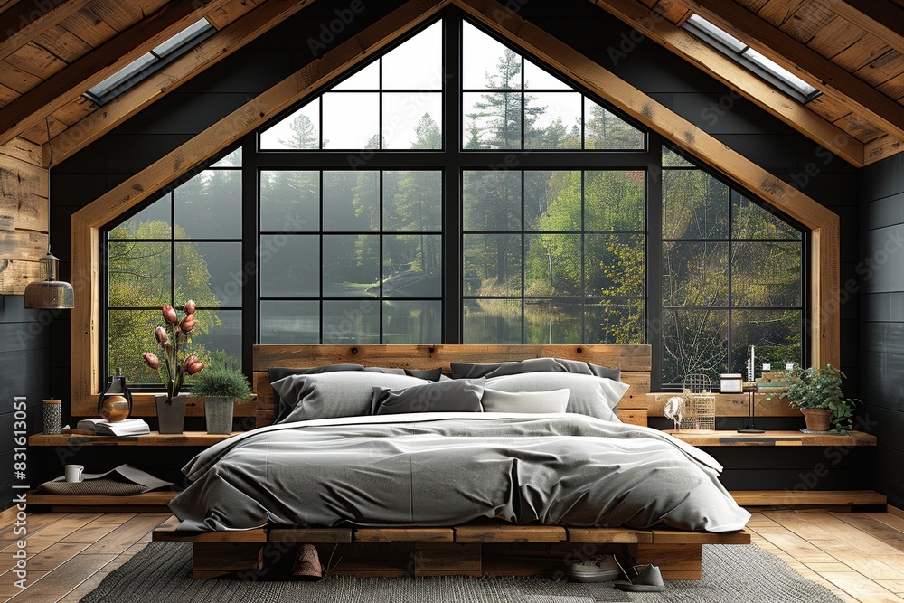 Aufkleber rustic bedroom with large windows and natural light, creating a cozy and inviting atmosphere in a ca