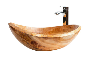 Fototapeta premium Modern wooden bathroom vessel sink with faucet isolated on transparent white background, clipping path