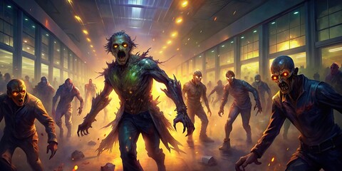 Horde of angry zombies in a mall running towards the camera, glow