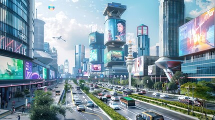 Future smart city skyscrapers Sci fi style decorated with cool green trees Building and architecture Background.

