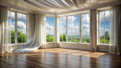 Empty room with open windows letting in fresh air, curtains billowing in the wind