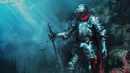 Fototapeta premium Medieval knight's armor on the seabed flat design side view, historical fantasy, water color, triadic color scheme 