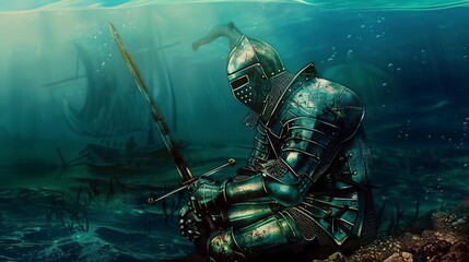 Medieval knight's armor on the seabed flat design side view, historical fantasy, water color, triadic color scheme